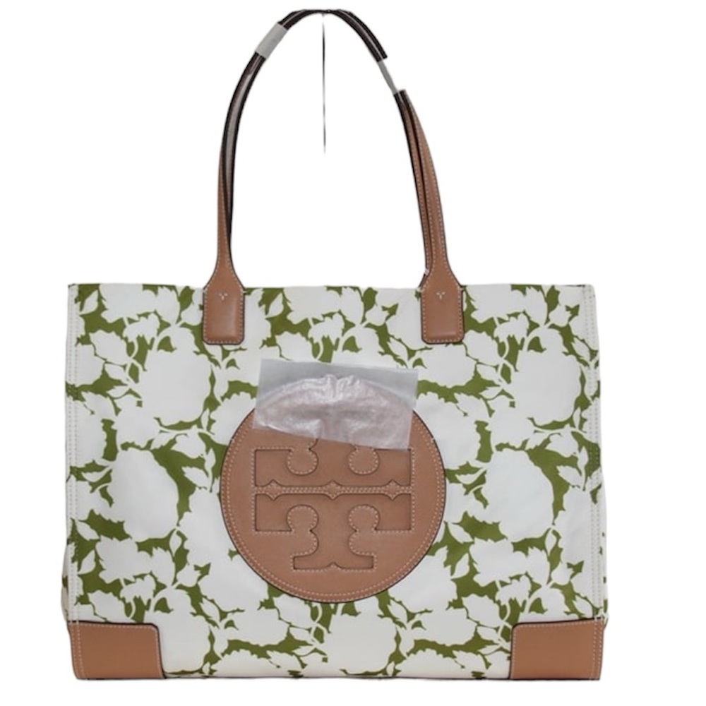 NWT Tory Burch 151611 Ella Nylon Floral Tote Green Bold Flower Large Logo Bag - Picture 1 of 8